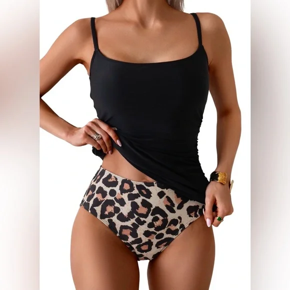 Eomenie Tankini Two Piece Tummy Control High Waist Full Coverage Slim XL Leopard - Picture 1 of 9
